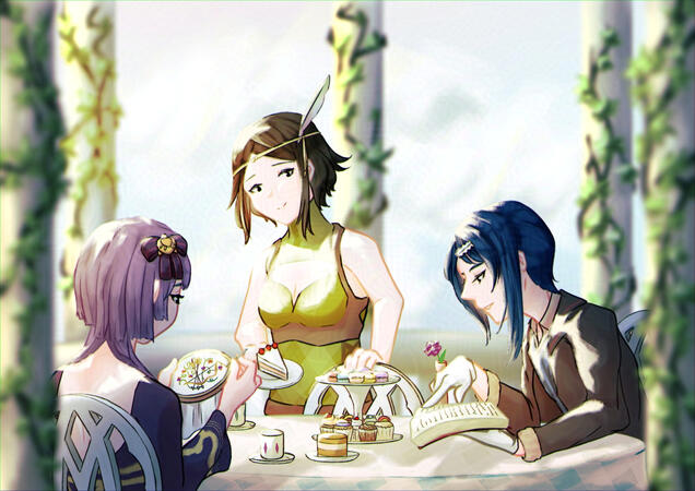 fanart of noire (fe13), bernadetta (fe16), and alcryst (fe17) originally made for the Stray Arrows FE Archer zine